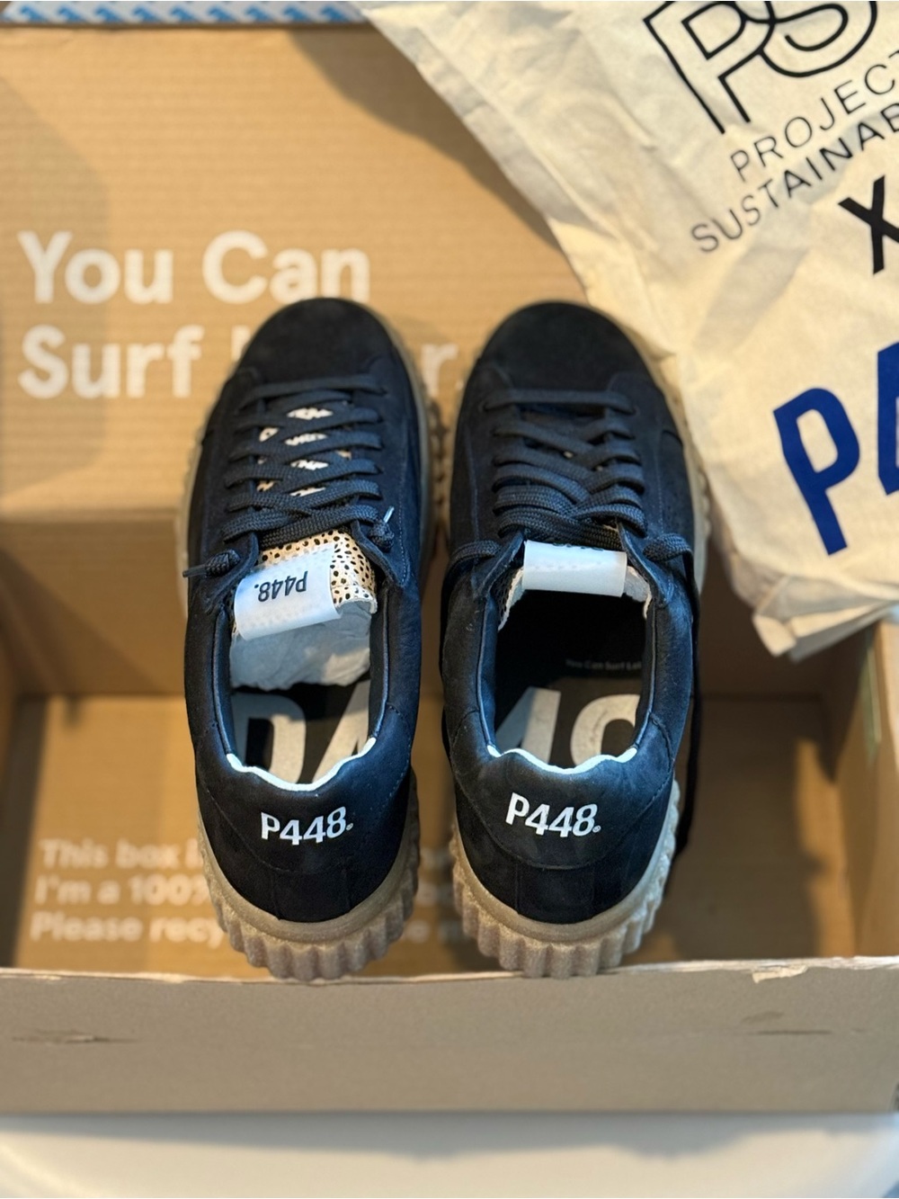 P448 Black Suede Low-Top Sneakers with Cream Ribbed Sole